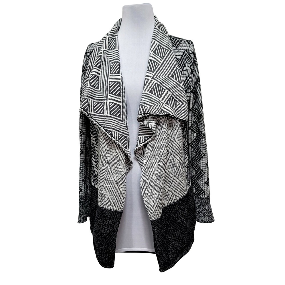 Lucky Brand Womens L Black White Geometric Jacquard Draped Open Front Cardigan